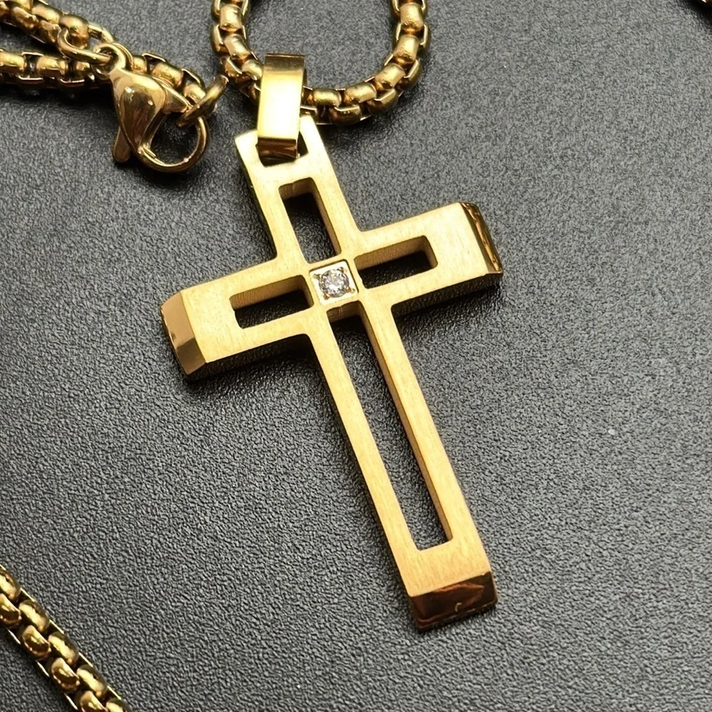 New Stainless Steel Gold Cross Pendant Necklace with cz Diamond Accent‎
